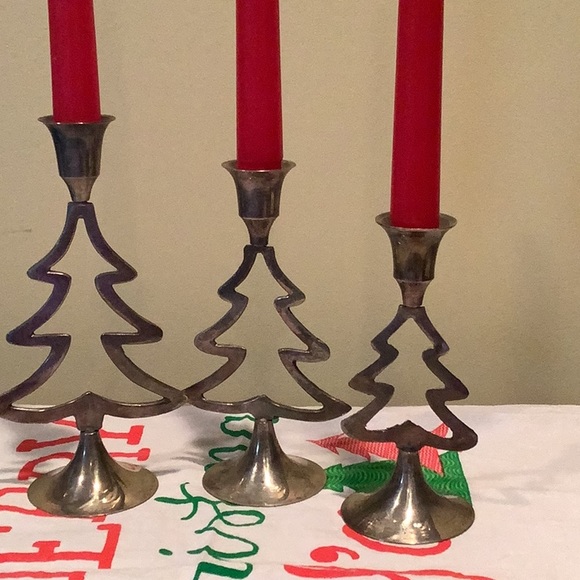 Handmade silver plated set of 3 different size trees candlesticks Christmas - Picture 2 of 6